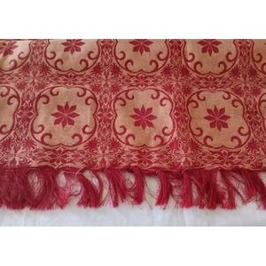 Red Satin Woven Tablecloth Throw Blanket Floral Geometrics Fringe Blanket